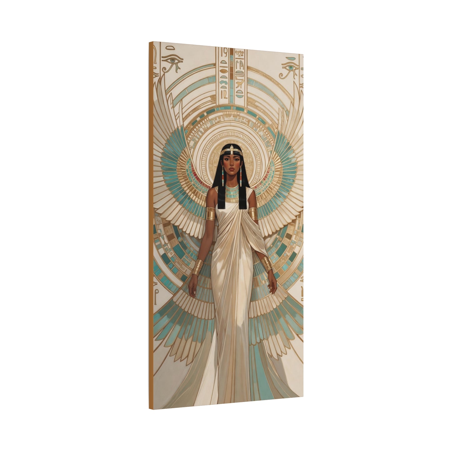 Teal gold Egyptian Isis wings canvas above feminine sofa in luxe living room with marble accents