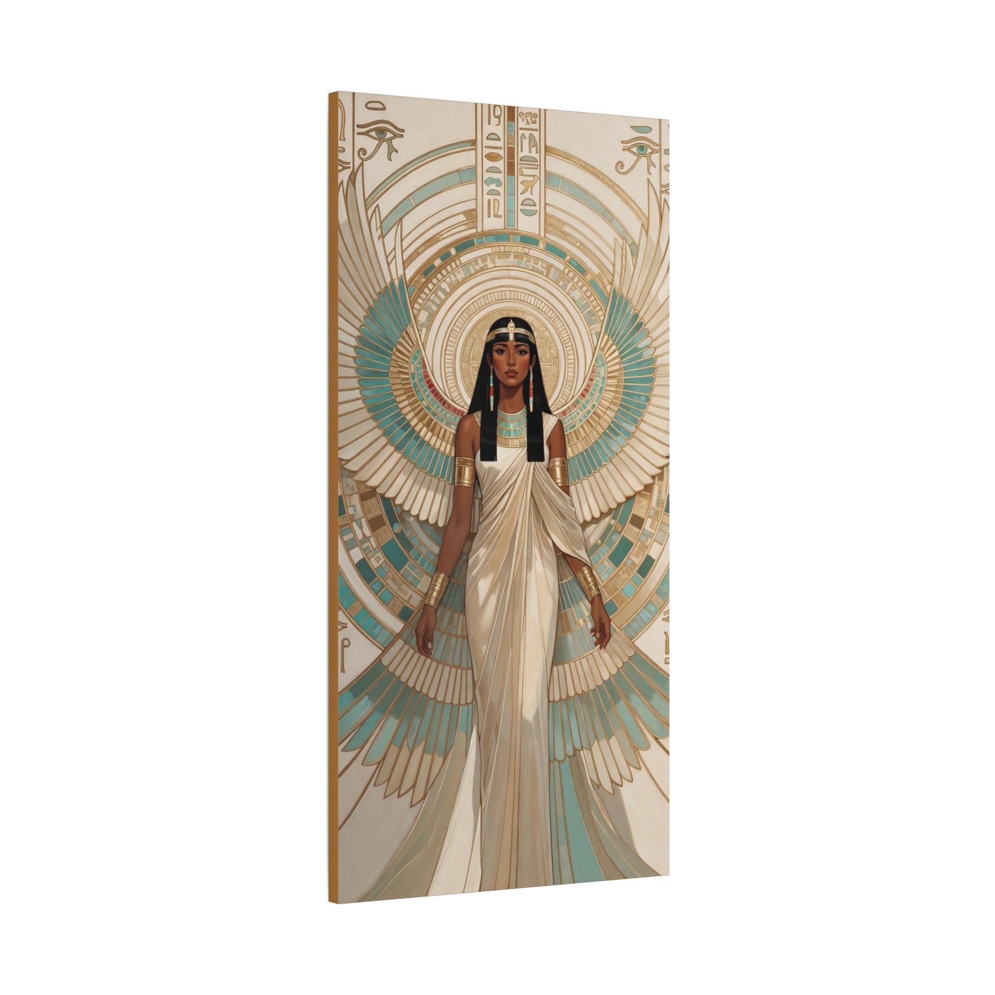 Teal gold Egyptian Isis wings canvas above feminine sofa in luxe living room with marble accents