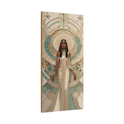 Teal gold Egyptian Isis wings canvas above feminine sofa in luxe living room with marble accents