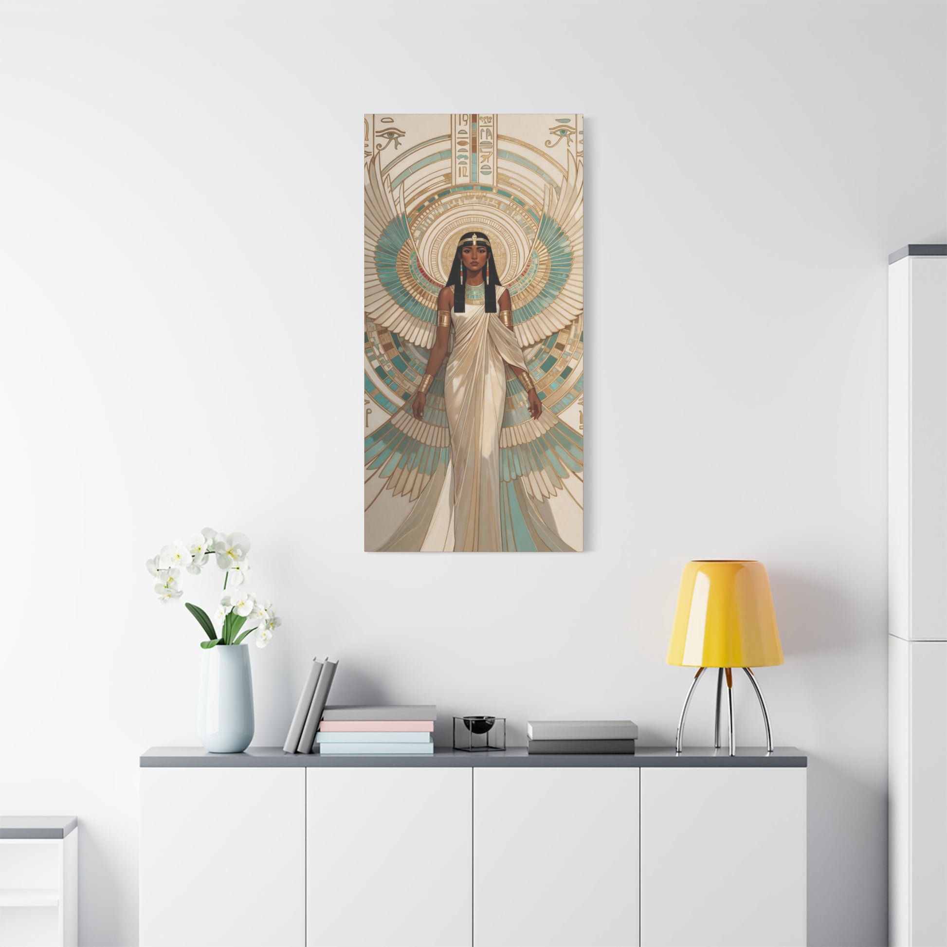 Luxury Isis wings of protection canvas in feminine meditation room with linen pillows