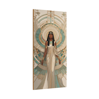 Teal gold divine feminine Isis canvas in luxe master bedroom above velvet headboard