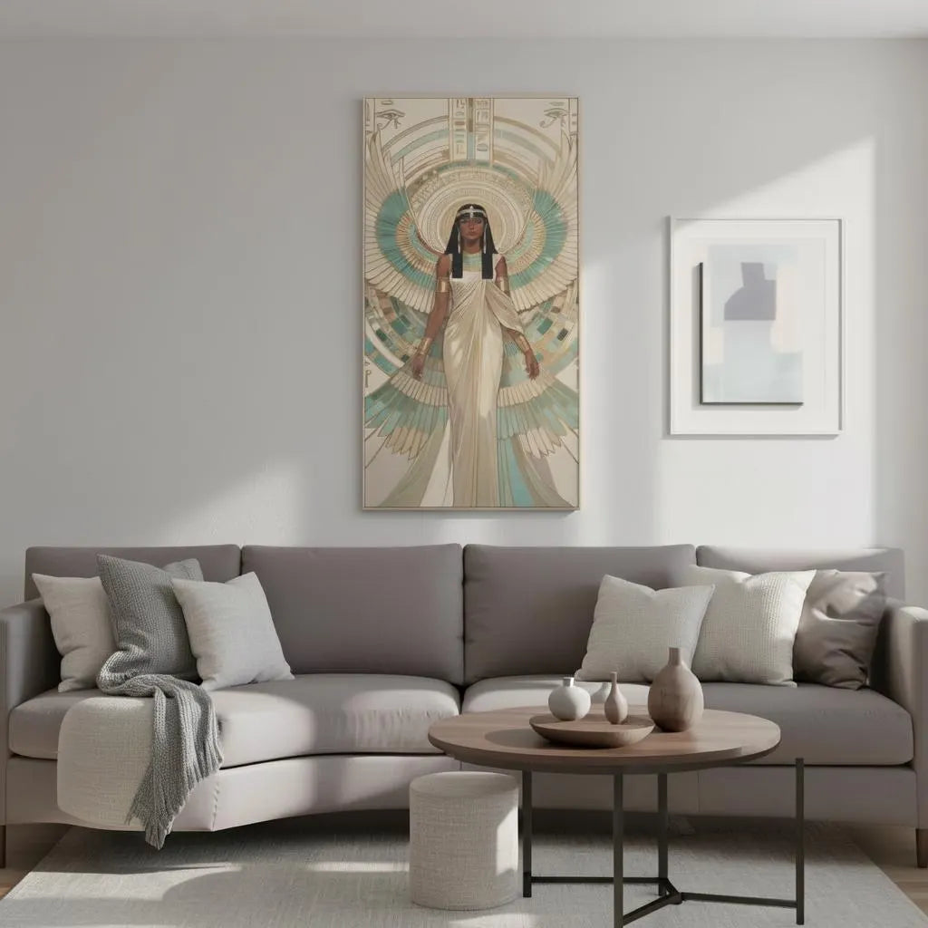 Goddess Isis wings teal and gold Egyptian canvas — luxury divine feminine wall art for master bedroom