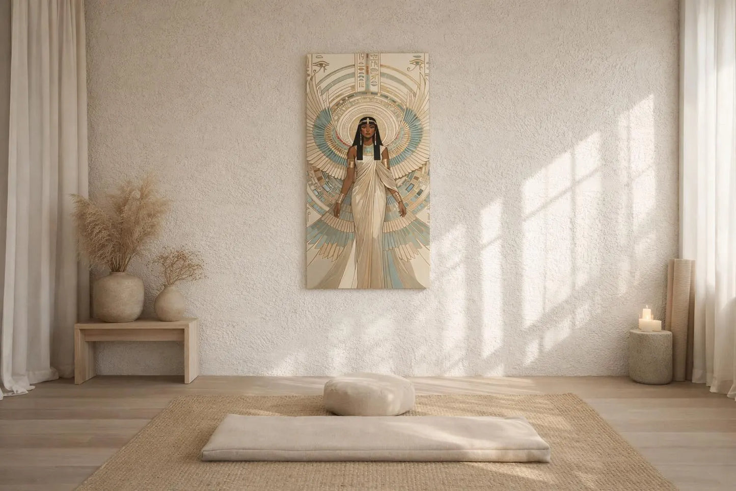 Egyptian Isis wings teal gold canvas in luxe feminine living room with brass and marble accents
