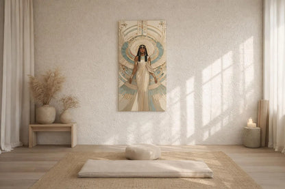 Egyptian Isis wings teal gold canvas in luxe feminine living room with brass and marble accents