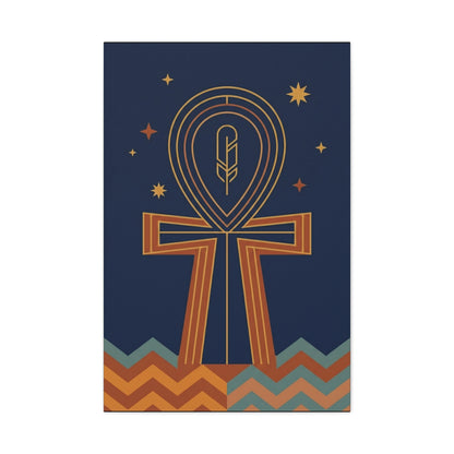 Close-up matte canvas texture and lapis blue ink detail on Egyptian Ankh Maat feather print