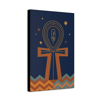 Ankh Maat feather Egyptian canvas above brass console in modern entryway with sacred decor