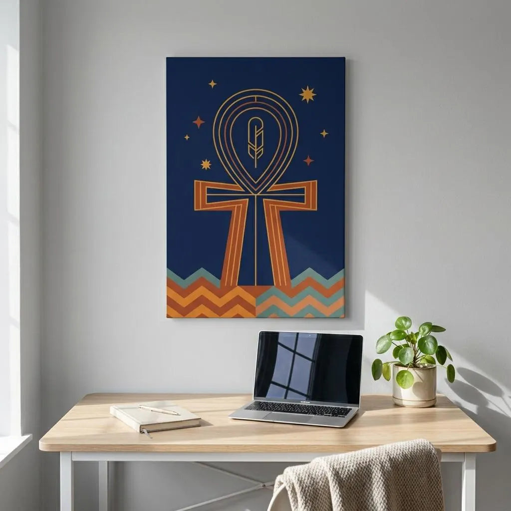 Egyptian Ankh Maat canvas in study with bookshelves — philosophical truth wall art