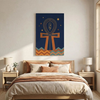 Egyptian truth and life canvas in masculine home office with mid century modern desk