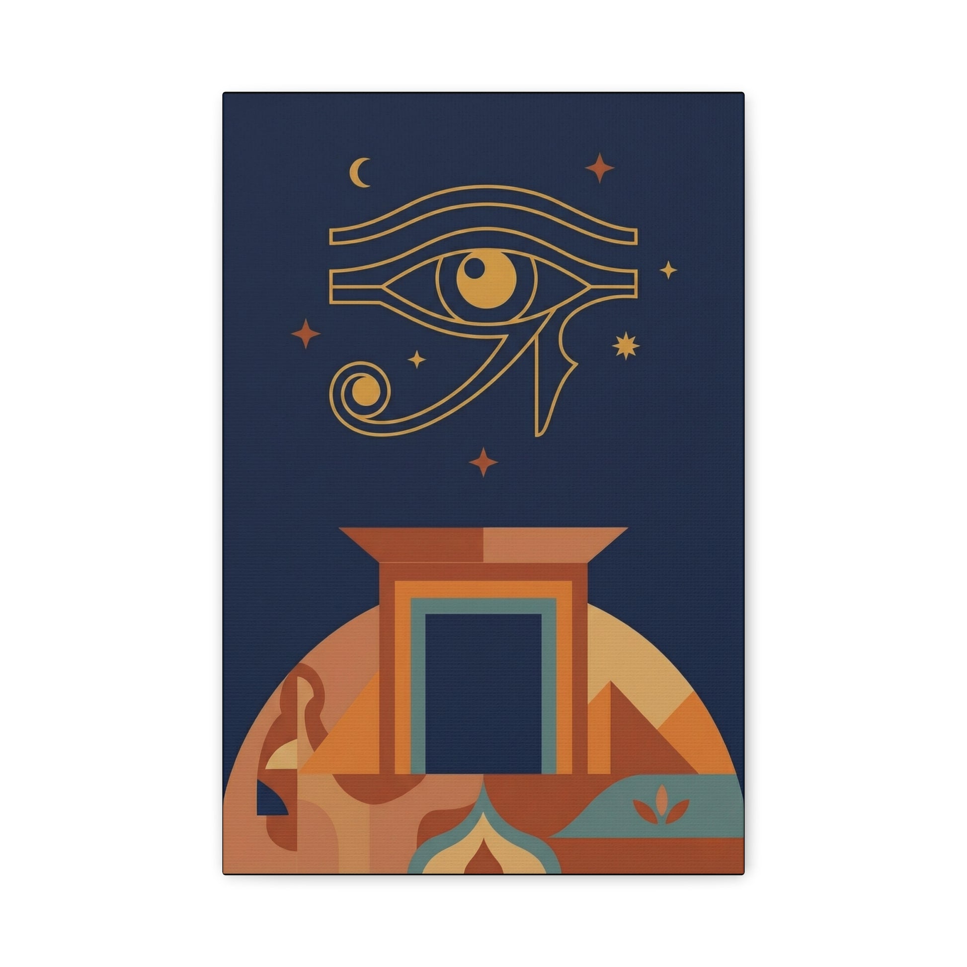 Vertical Eye of Horus geometric canvas between modern windows in minimalist living room