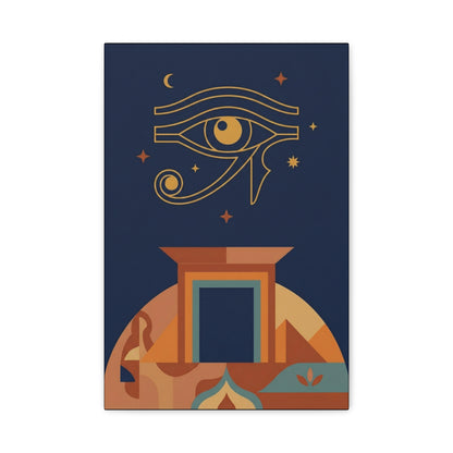 Vertical Eye of Horus geometric canvas between modern windows in minimalist living room