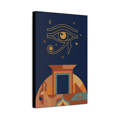 Egyptian geometric Eye of Horus canvas as vertical gallery wall with Ankh Portal and Winged Scarab