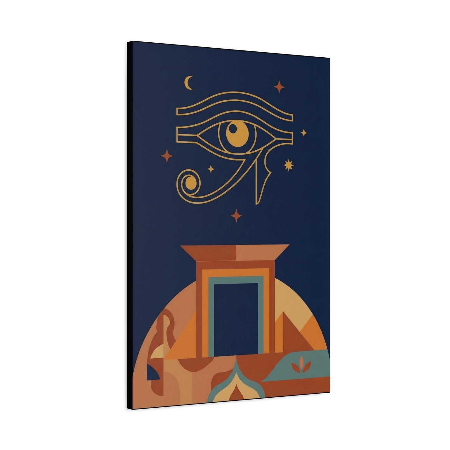 Egyptian sacred geometry Eye of Horus canvas in narrow hallway with concrete walls and oak floor
