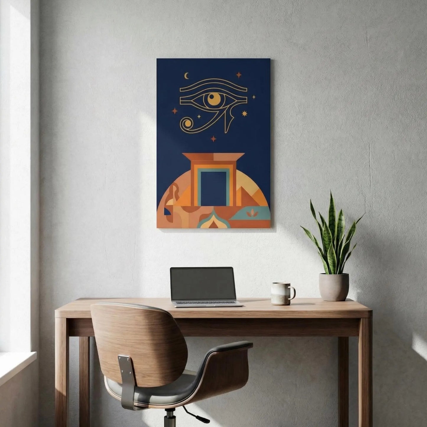 Vertical Eye of Horus geometric canvas in modern entryway above slim console table