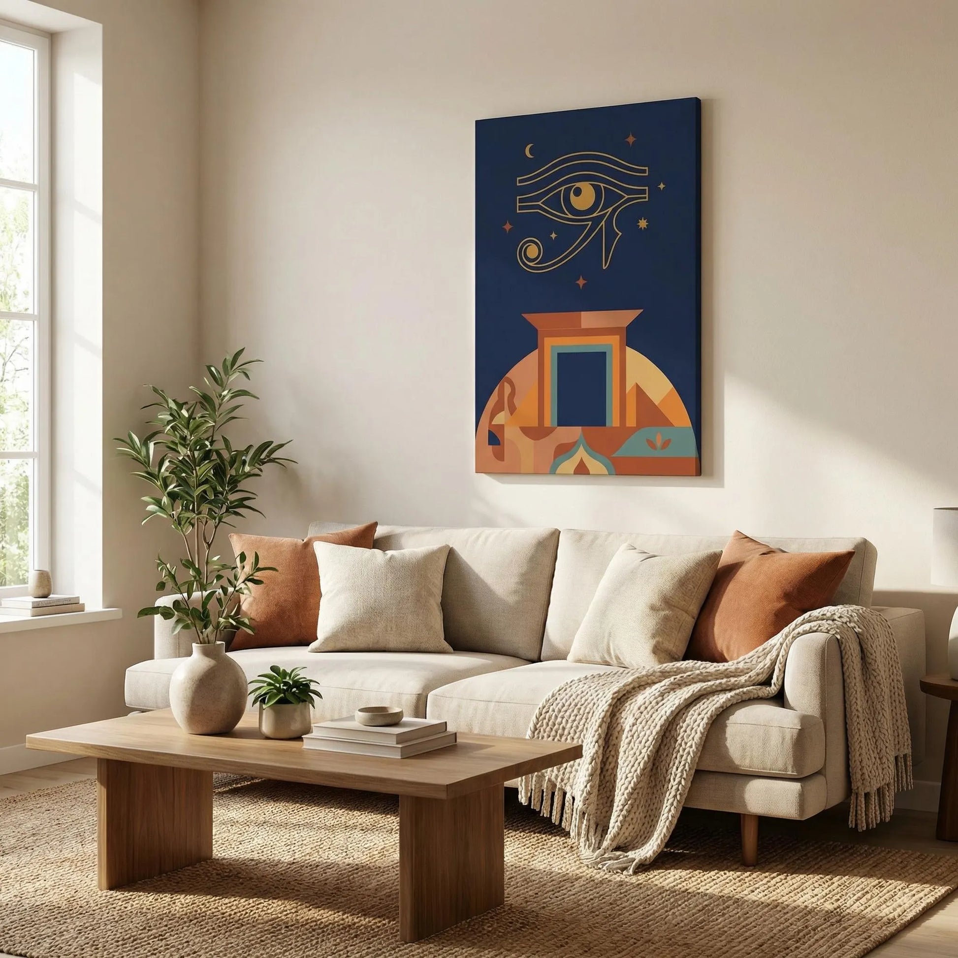 Geometric Egyptian Eye of Horus vertical canvas beside doorway in modern minimalist interior