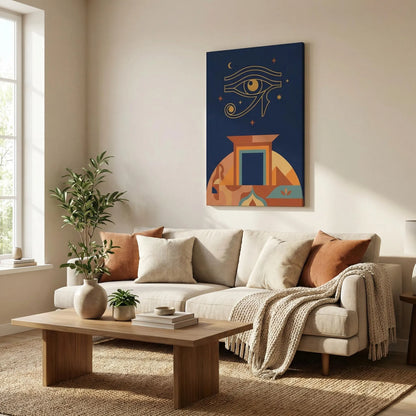 Geometric Egyptian Eye of Horus vertical canvas beside doorway in modern minimalist interior