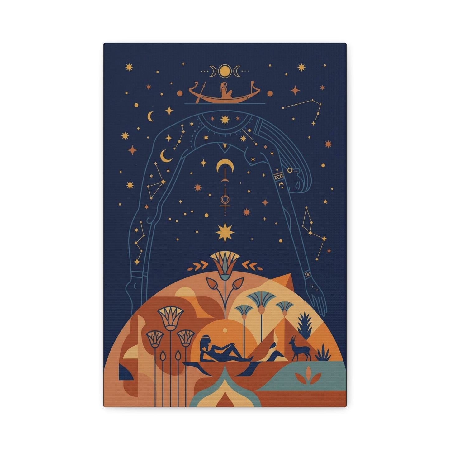 Egyptian sky goddess Nut canvas above queen bed in calming celestial bedroom interior