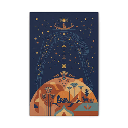 Egyptian sky goddess Nut canvas above queen bed in calming celestial bedroom interior