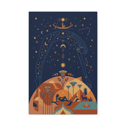 Sky goddess Nut Egyptian celestial canvas in meditation corner with linen pillows