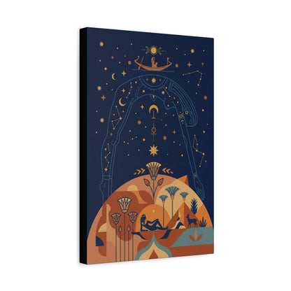 Nut sky goddess Egyptian canvas in modern living room with rattan furniture and boho decor