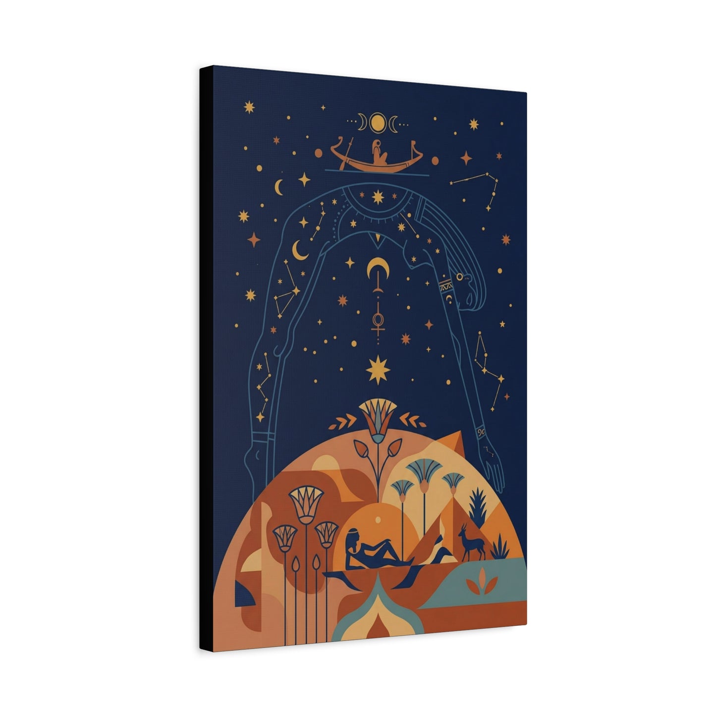 Egyptian sky goddess celestial canvas above bed in modern boho bedroom with warm decor