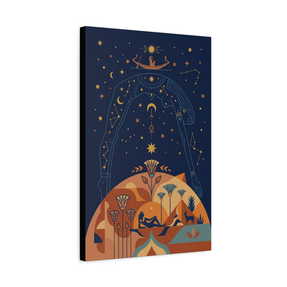 Egyptian sky goddess celestial canvas above bed in modern boho bedroom with warm decor