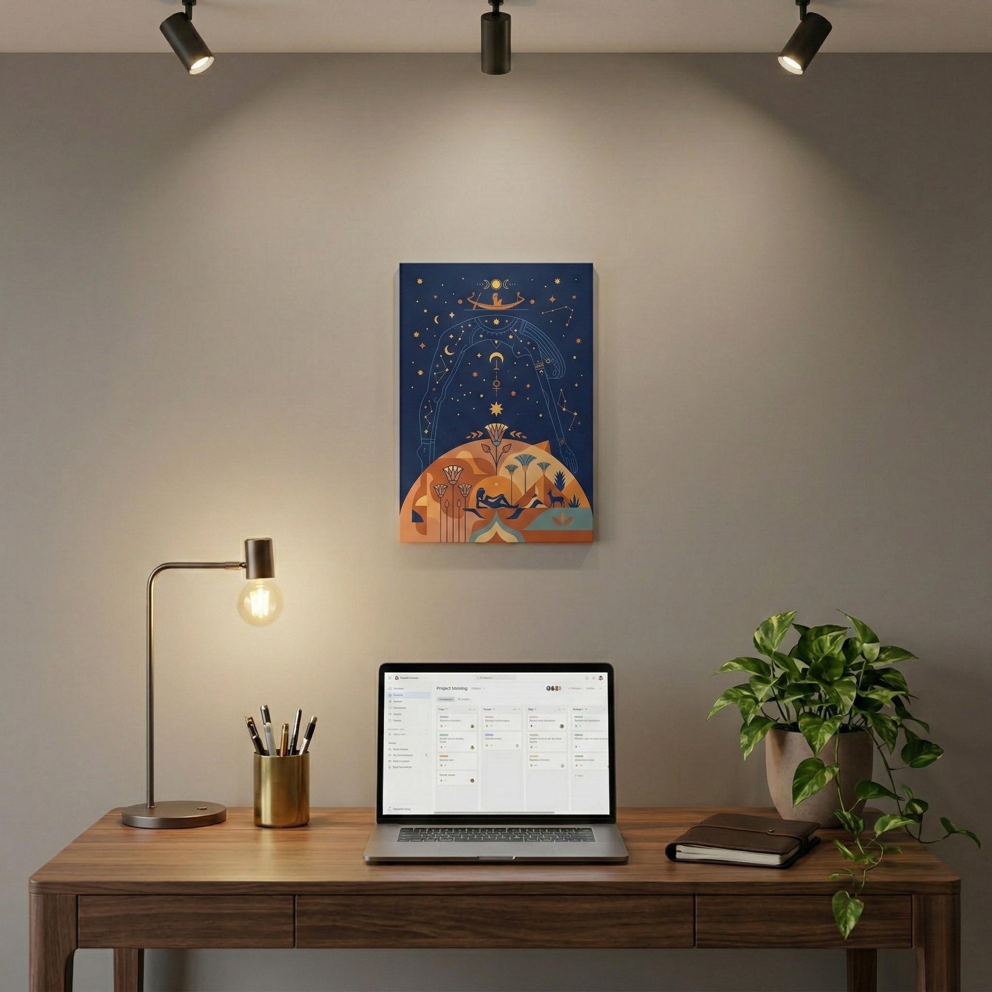 Cosmic Egyptian goddess Nut canvas in feminine bedroom above mid century modern dresser