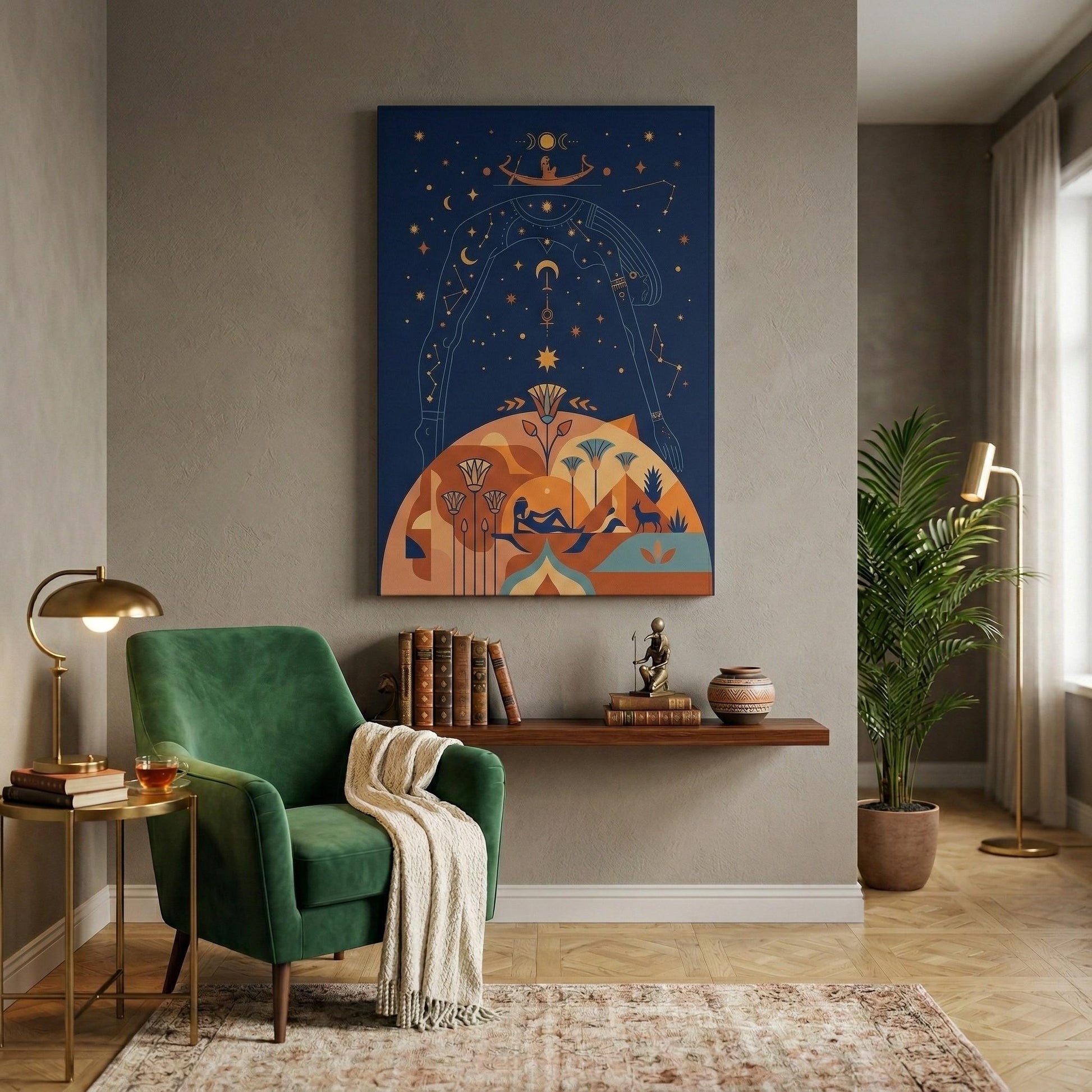 Goddess Nut canvas as gallery wall centerpiece with Hathor and Isis cosmic feminine triptych