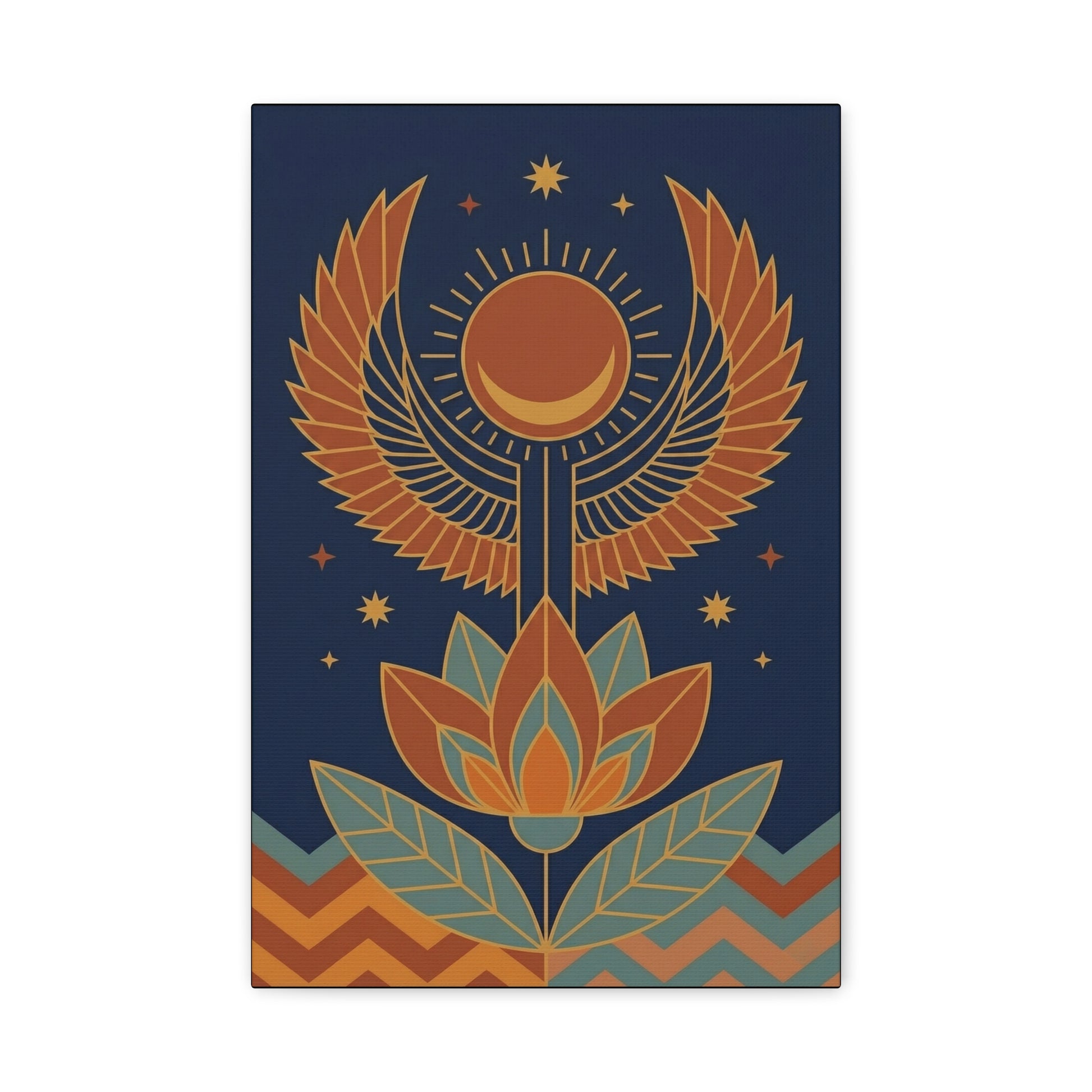 Winged sun disc Egyptian canvas above modern doorway as traditional blessing decor