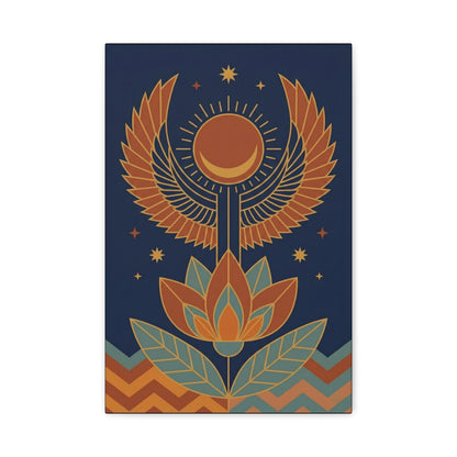 Winged sun disc Egyptian canvas above modern doorway as traditional blessing decor