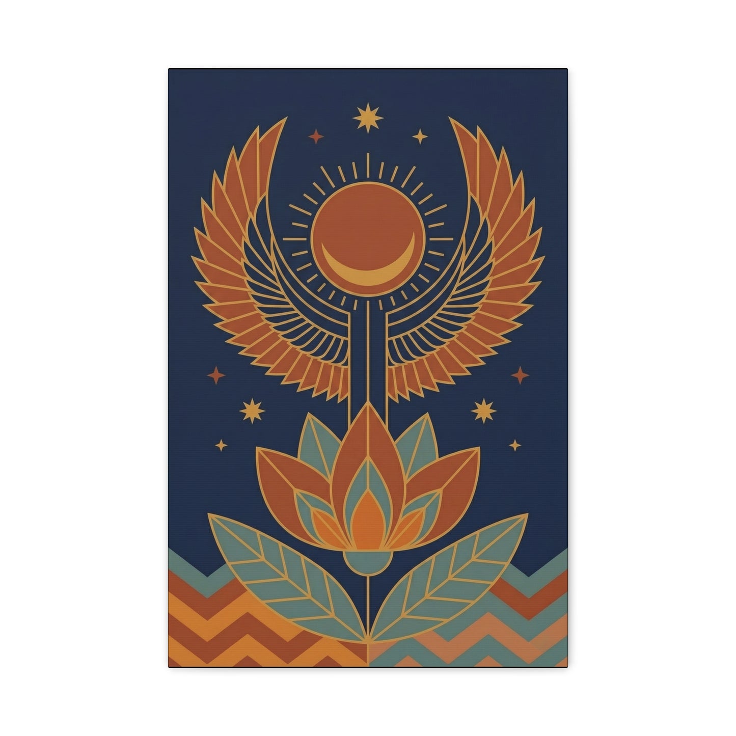 Horus winged sun Egyptian canvas behind oak desk in modern home office workspace