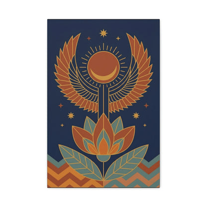 Horus winged sun Egyptian canvas behind oak desk in modern home office workspace