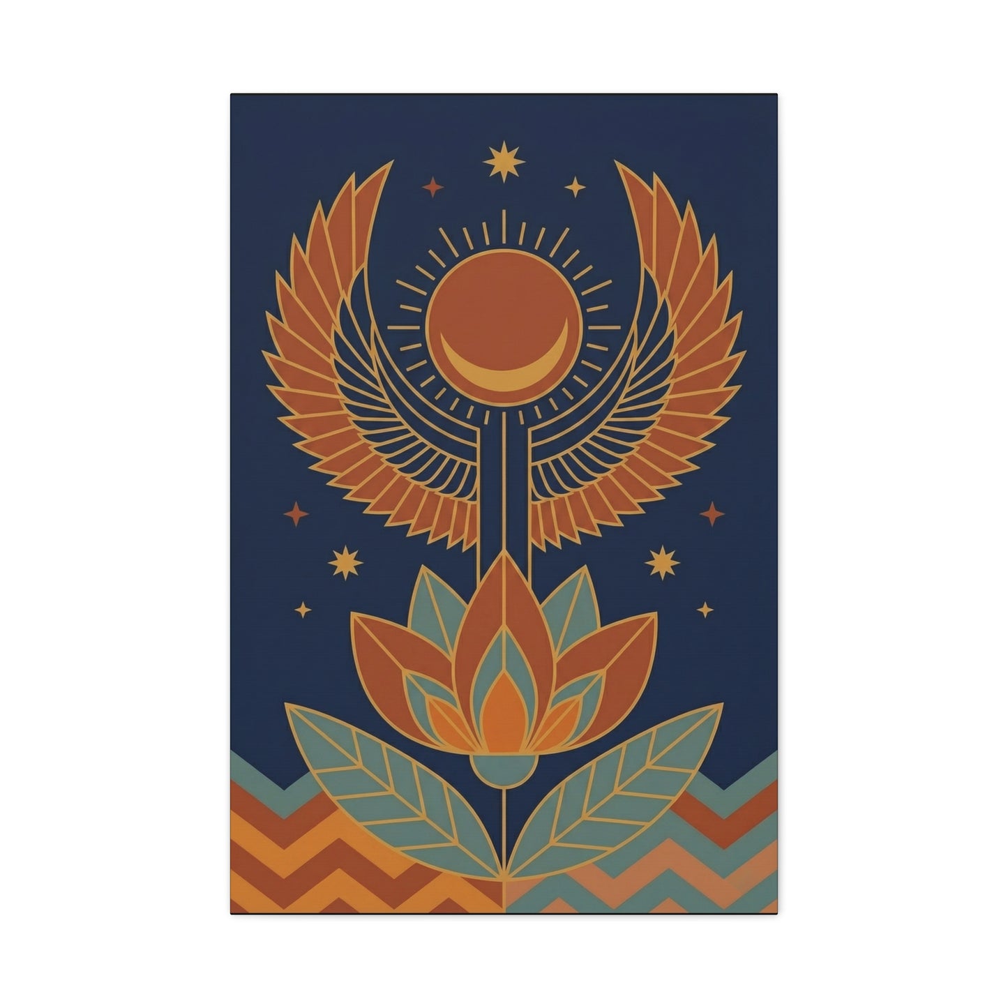 Close-up matte canvas brushwork detail on winged Horus sun disc Egyptian boho print