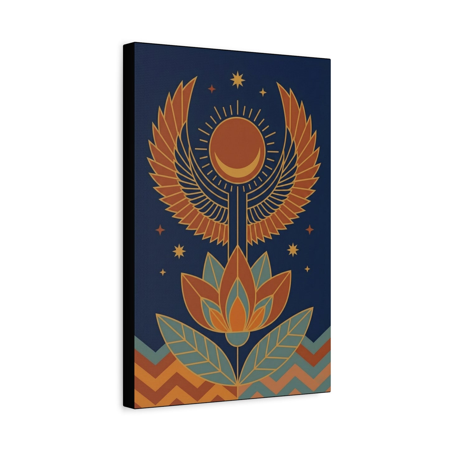Egyptian winged Horus canvas in modern entryway above oak console with rattan accents