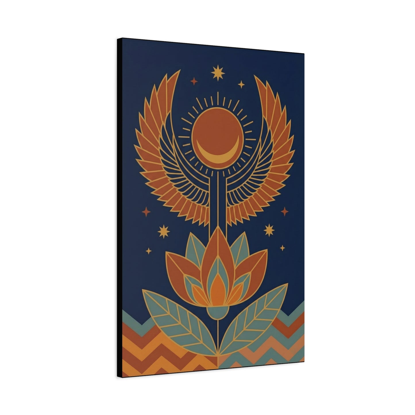 Winged sun disc Egyptian canvas in modern dining room with rattan pendant and earthy decor