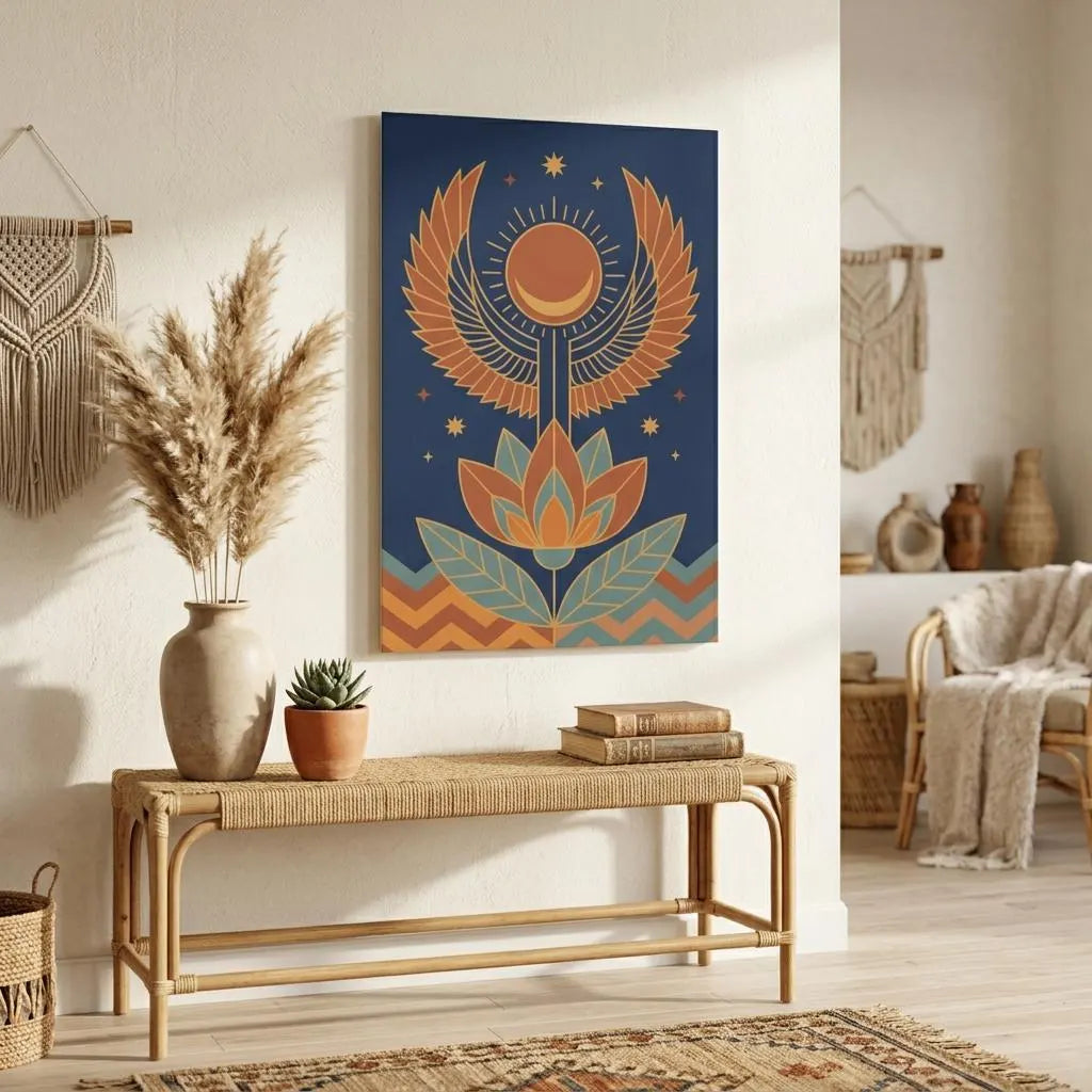 Winged sun disc canvas above linen sofa in mid century modern living room with terracotta decor