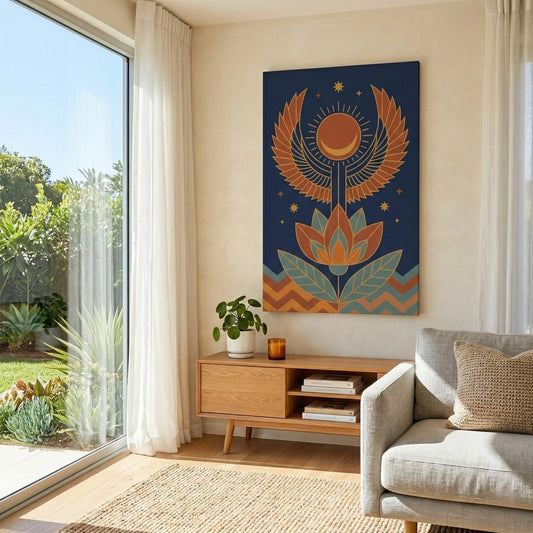 Luxury canvas art of the Winged Horus Sun Disk symbolizing divine rising power, featuring detailed Egyptian-inspired design.
