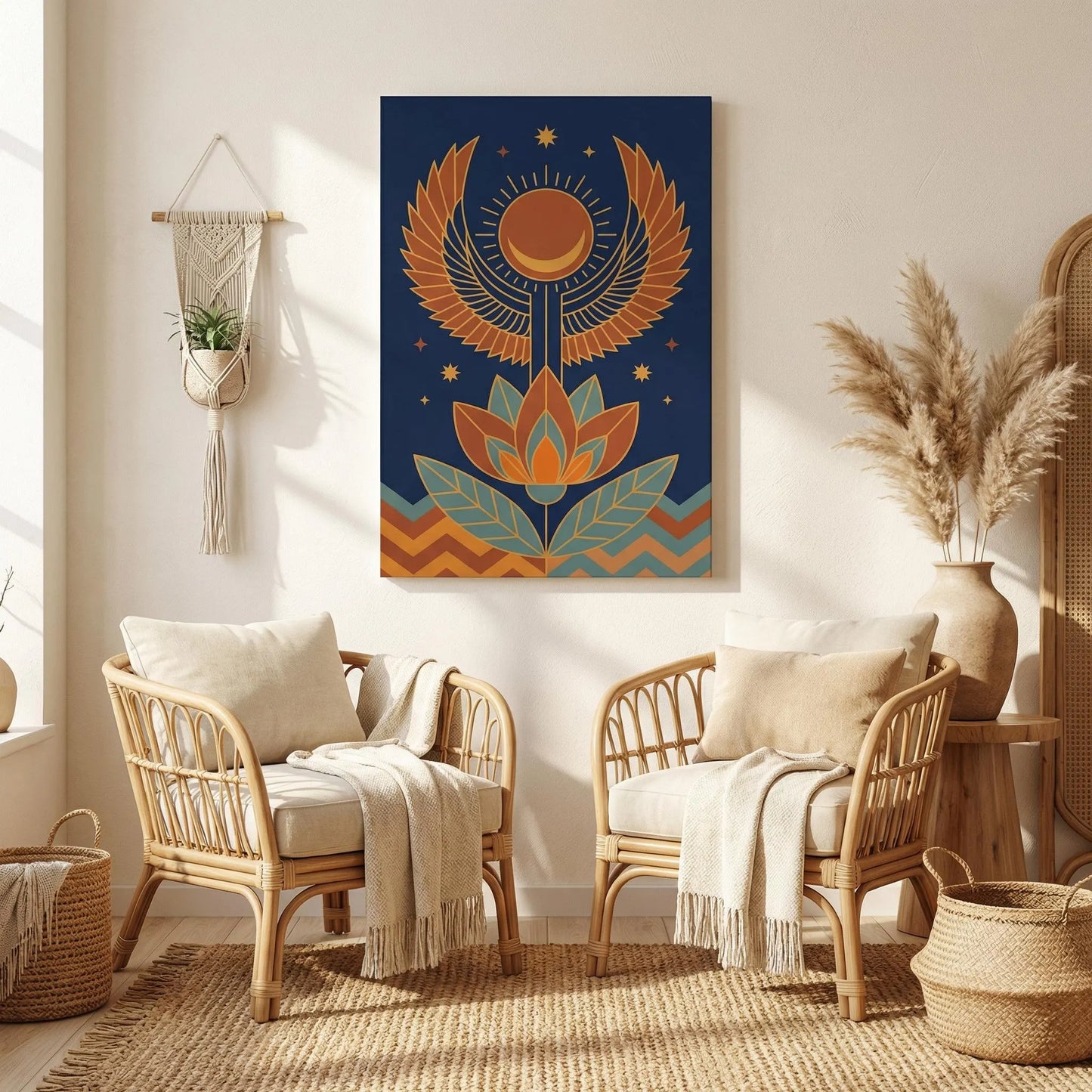Winged Horus canvas as gallery wall centerpiece with Aten Sun and Eye of Horus three-piece set
