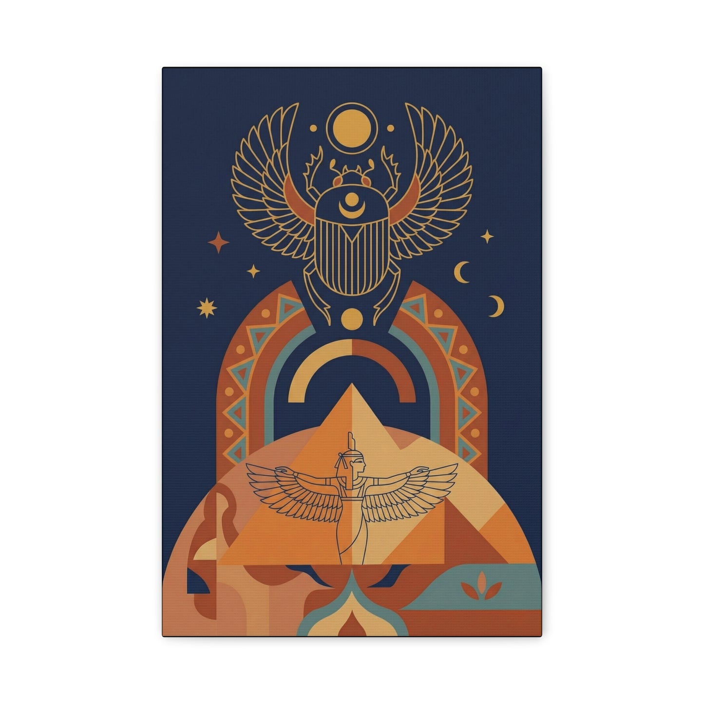Geometric winged scarab canvas above oak desk in modern minimalist home office