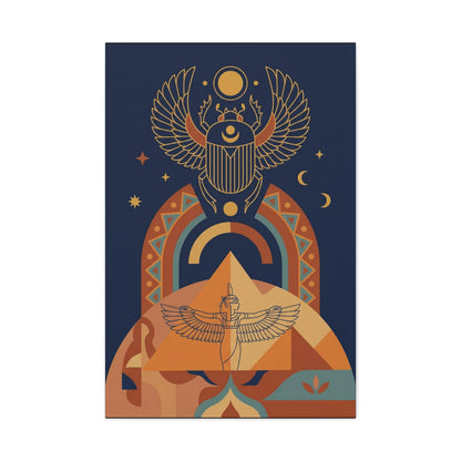 Close-up matte canvas geometric brushwork detail on winged scarab Egyptian transformation print