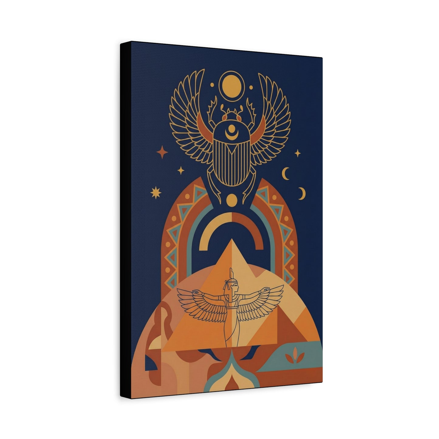 Egyptian winged scarab transformation canvas in modern study with concrete walls and brass accents