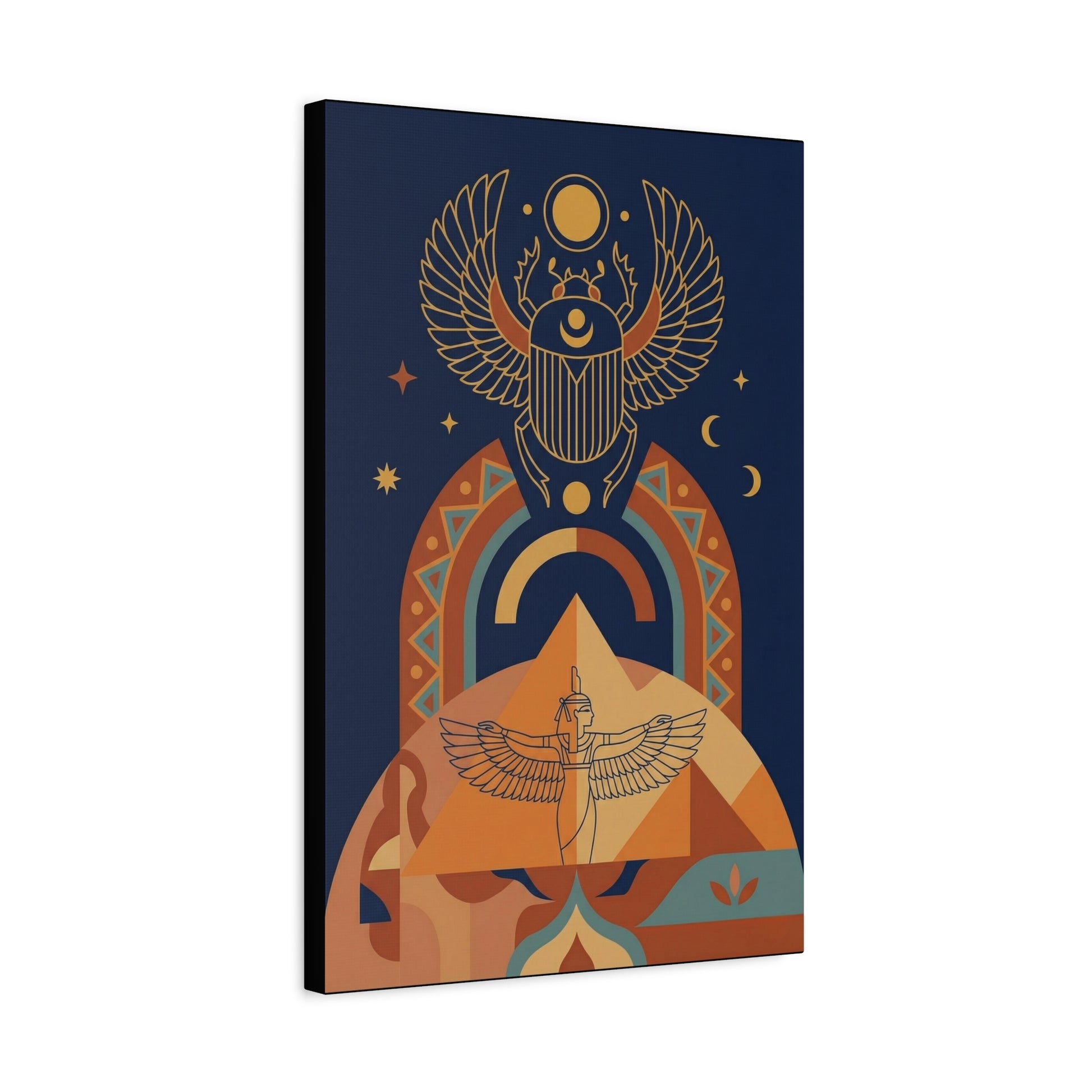 Winged scarab Egyptian canvas as gallery wall centerpiece with Khepri and Eye of Horus geometric set