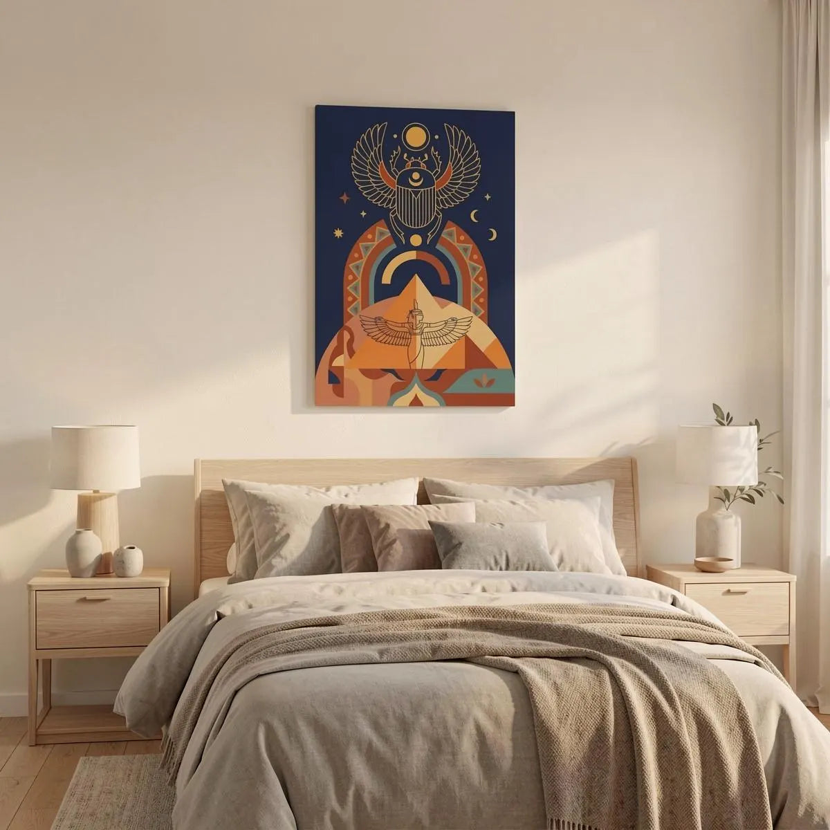 Winged scarab geometric canvas in modern entryway with oak console and minimalist decor