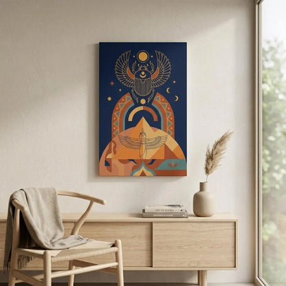 Winged scarab geometric canvas above linen sofa in modern minimalist living room