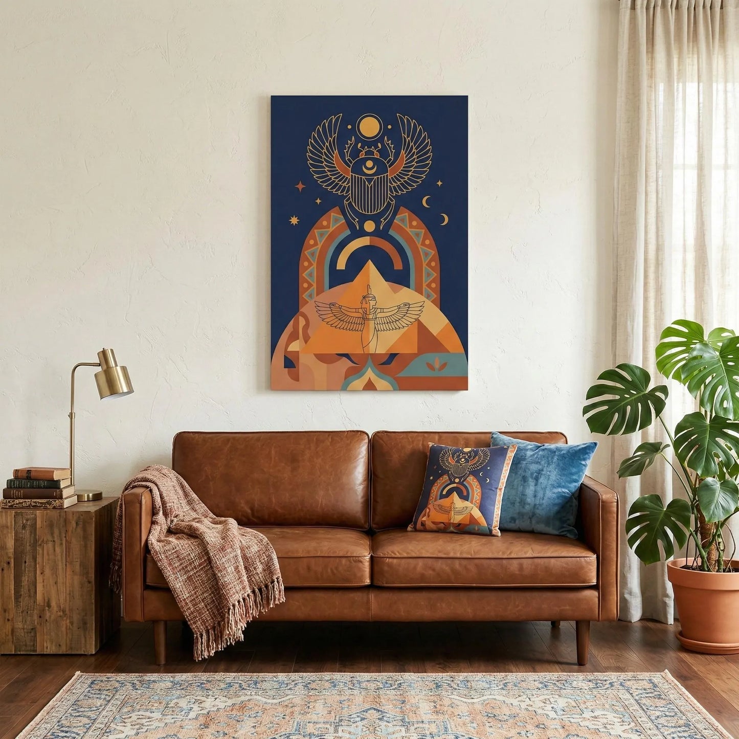 Winged scarab rebirth Egyptian canvas — geometric transformation luxury wall art for modern study