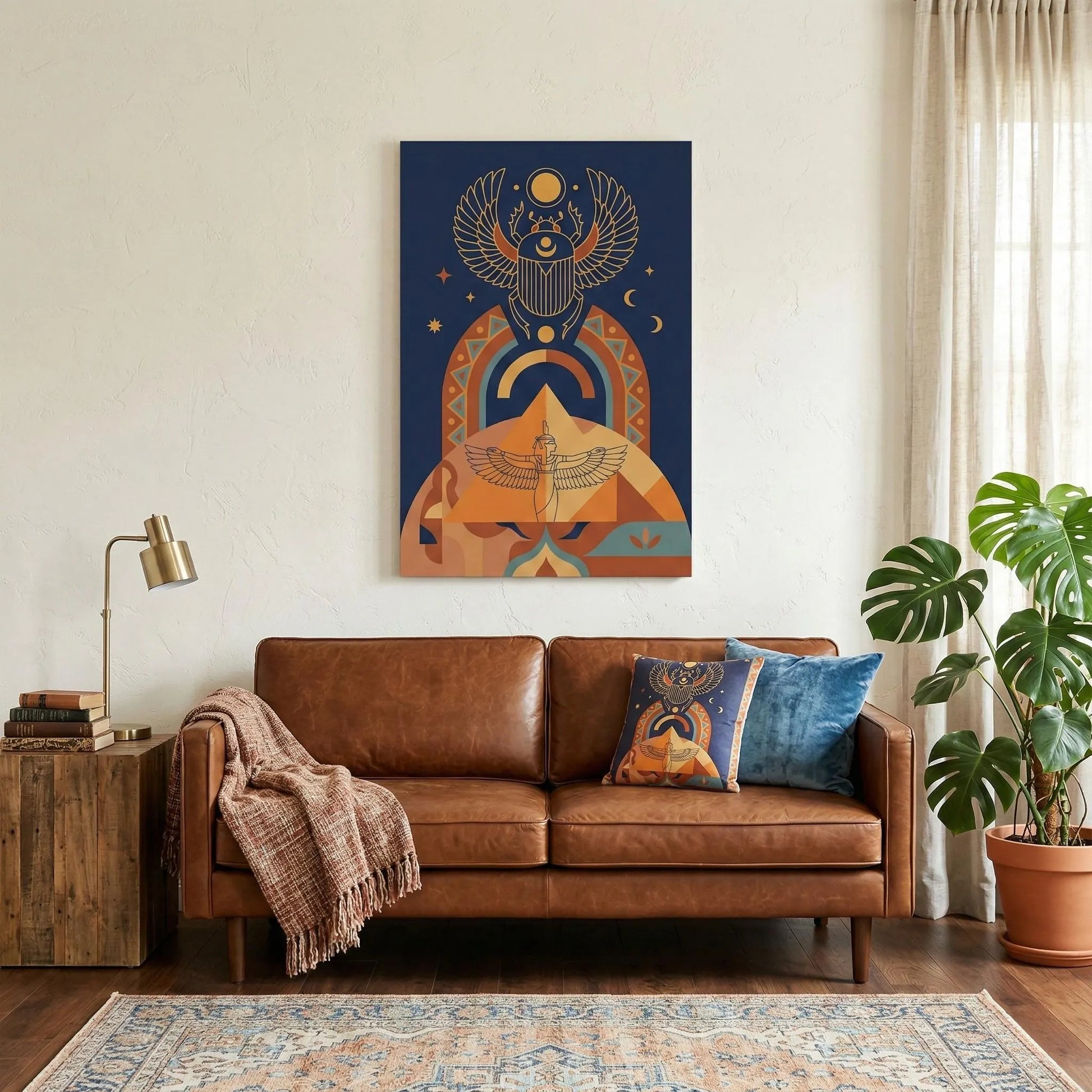 Winged scarab rebirth Egyptian canvas — geometric transformation luxury wall art for modern study