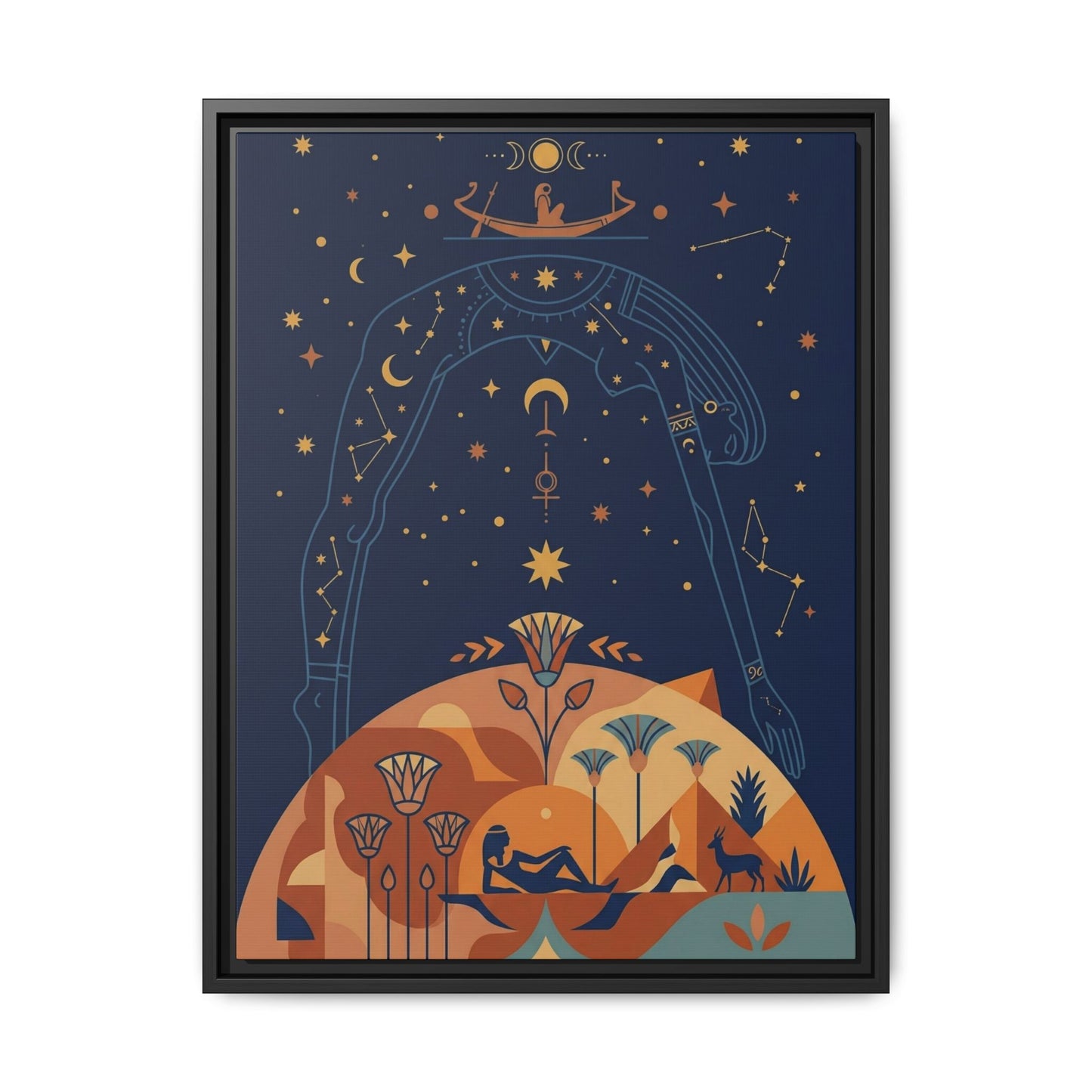 Cosmic Egyptian sky goddess Nut canvas above queen bed in luxury master bedroom interior