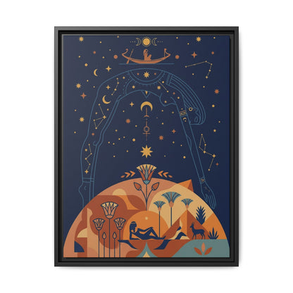 Cosmic Egyptian sky goddess Nut canvas above queen bed in luxury master bedroom interior