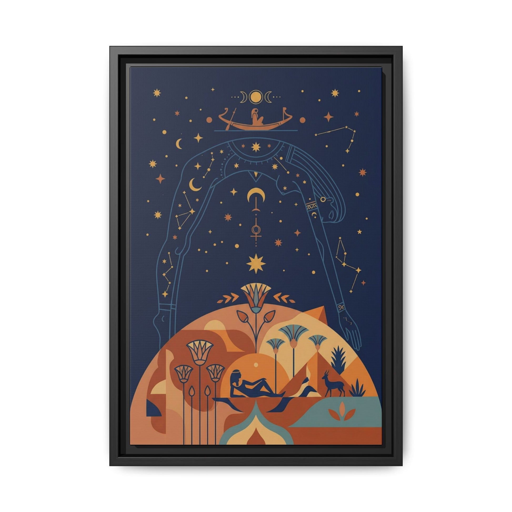 Sky goddess Nut canvas in meditation room with linen pillows — luxury cosmic feminine decor