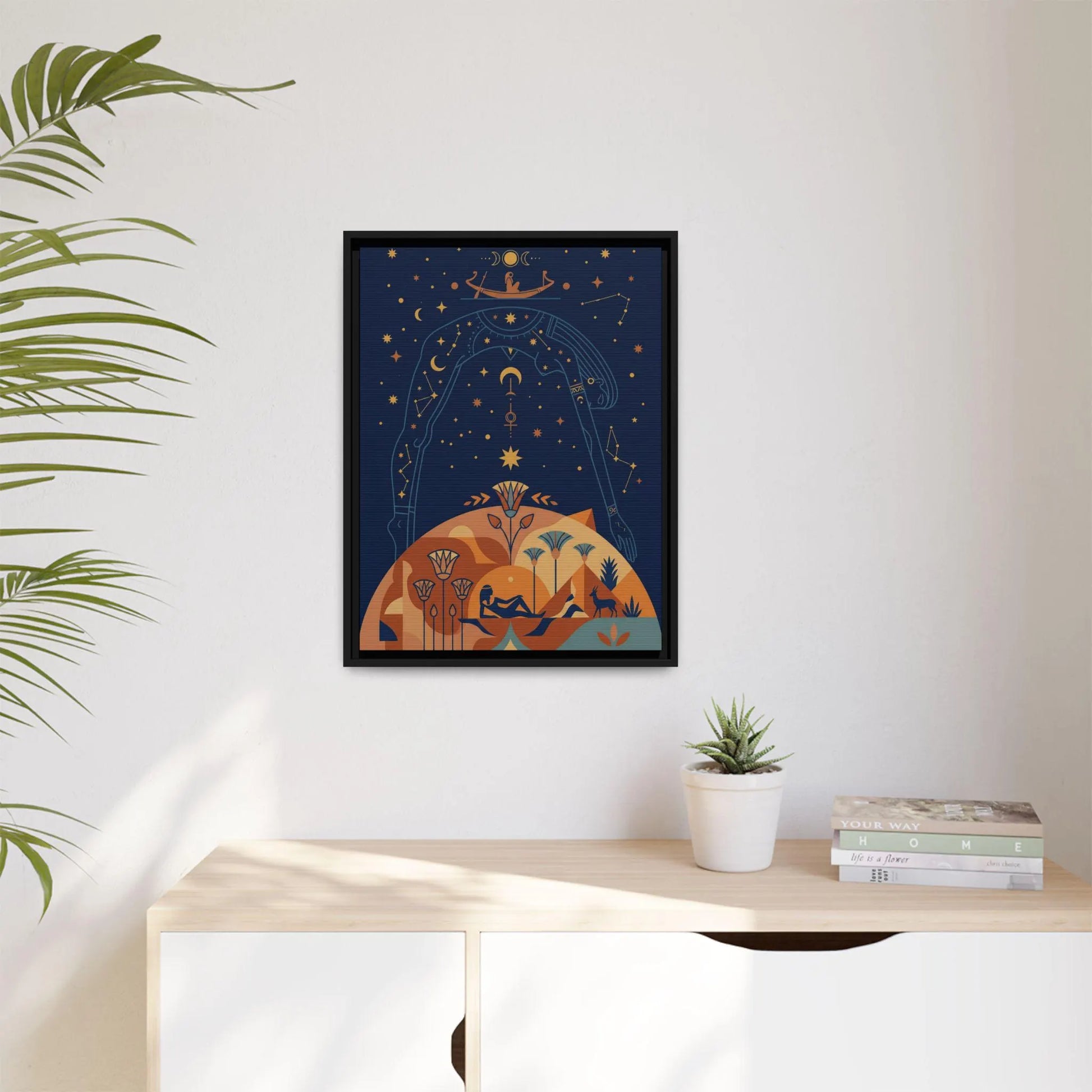 Cosmic Egyptian goddess canvas in master bedroom above mid century modern dresser