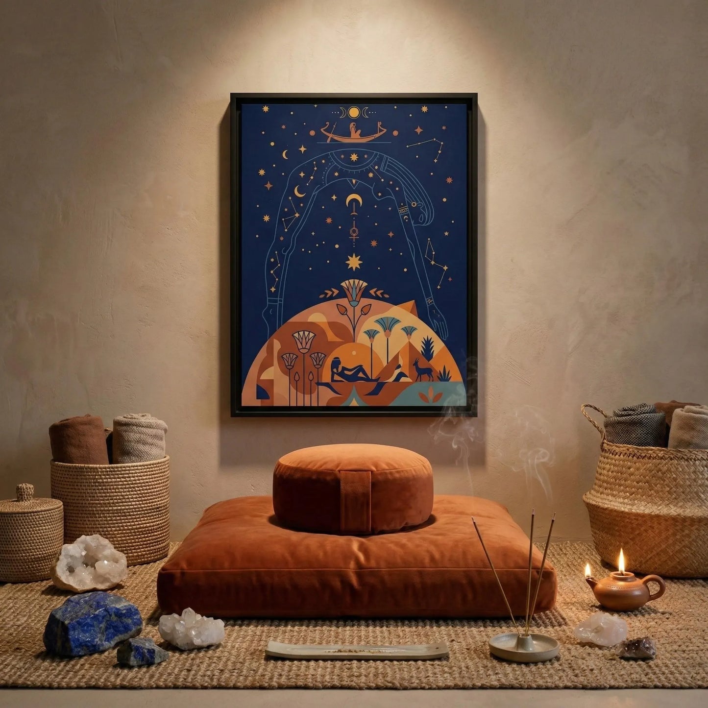 Cosmic Egyptian sky goddess luxury canvas in master bedroom with linen bedding and brass lamps